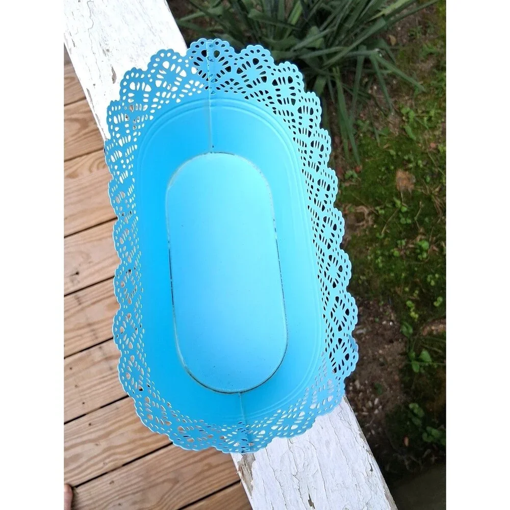 370 Baby Blue Decorative Metal Oval Basket Scalloped Lace Trim Home Decor